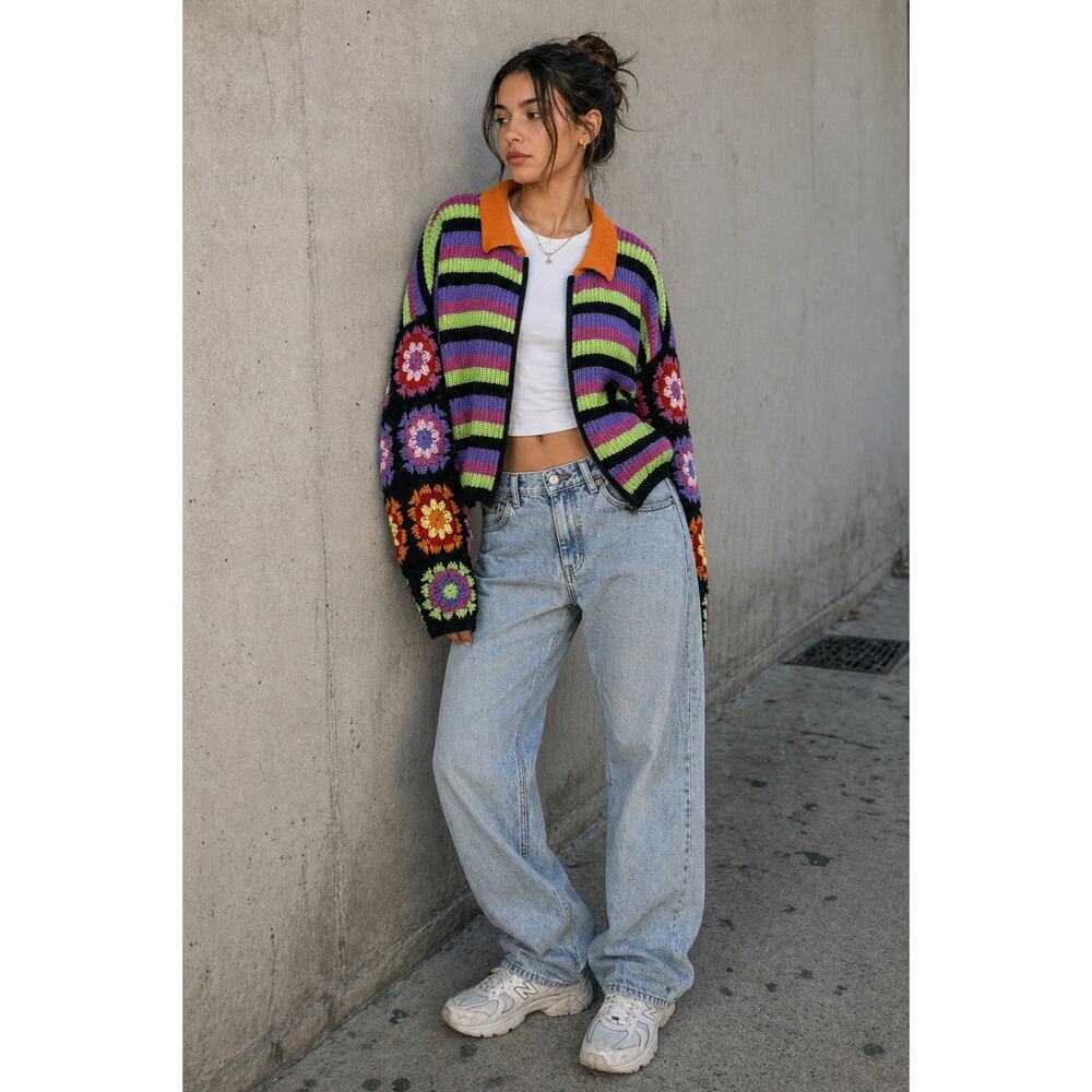 Forever 21 Crochet Cardigan Sweater M Colorful Floral Striped Boho